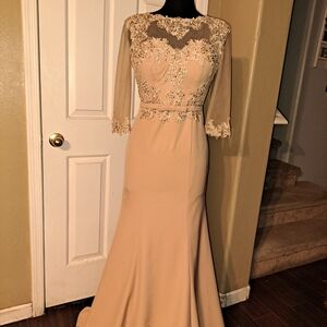 Elegant Lace Evening Gown Champagne